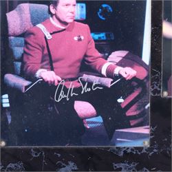 Star Trek Generations 'Two Captains, One Destiny' William Shatner (Captain James T Kirk) and Patrick Stewart (Captain Jean Luc Pickard) limited edition signed photographs, on wooden display board with plaque, limited edition no. 39/995, together with a framed Kate Mulgrew (Captain Janeway) signed photograph, tallest frame H42cm