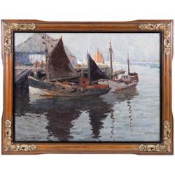 Jef Dutilleux (Belgian 1876-1960): Ships in Moonlight, oil on canvas signed 44cm x 59cm