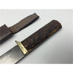 WW2 fighting knife, the 13cm blade by Priestman of Sheffield marked with scout and camp fire motif; two piece antler grip; in leather sheath crudely marked R.T. with a broad arrow L23cm overall Auctioneers Note: By family descent this knife was reputedly presented to Richard Towse during WW2 for guarding a group of POWs.