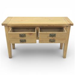 Rustic pine modern console table, fitted with two drawers
