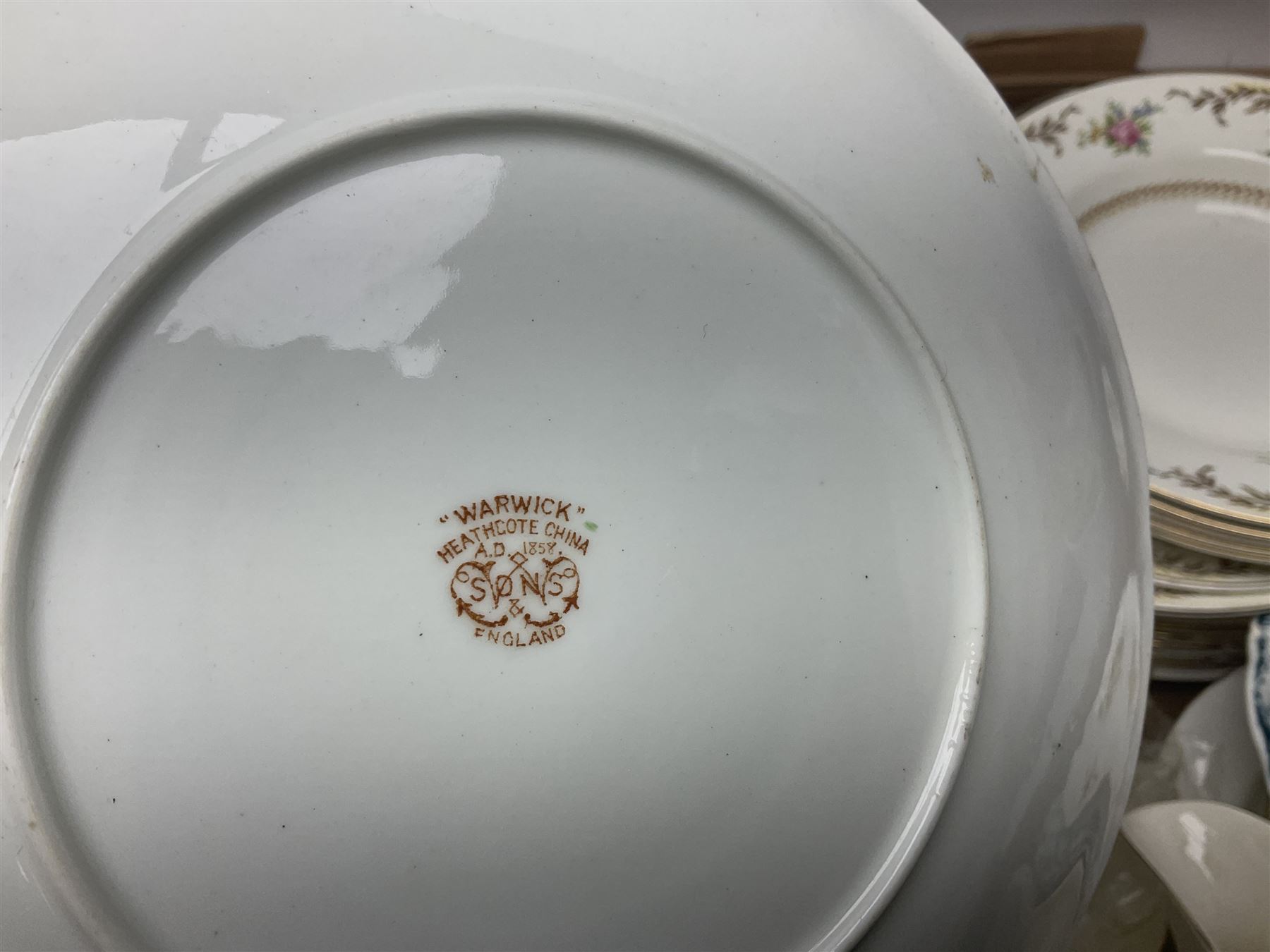 Collection of tea and dinner wares, to include Crown Clarence wares, two Maling cups and saucers, etc,  together with three Foley twin handled urns etc, in three boxes