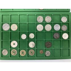 Coins and medallions including, York 1811 one shilling cattle and barber silver token, United States of America 1883O silver Morgan dollar, birds of destiny medal by Malcolm Appleby, Great British King George V 1930 halfcrown, King Edward VII 1902 silver medal, King George V 1916 halfcrown etc, housed in a case with lift out green coin trays