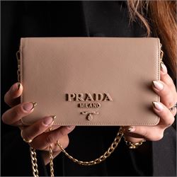 Prada - Saffiano Leather Mini Crossbody Bag, in structured nude-pink leather with detachable gold-tone chain shoulder or crossbody strap and hardware, Prada Milano raised logo, with crimson leather interior, unused with original dust bag