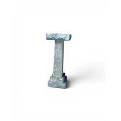 19th century weathered sandstone birdbath, formed in four sections, square top with carved shell bath, raised on tapering column with stepped base