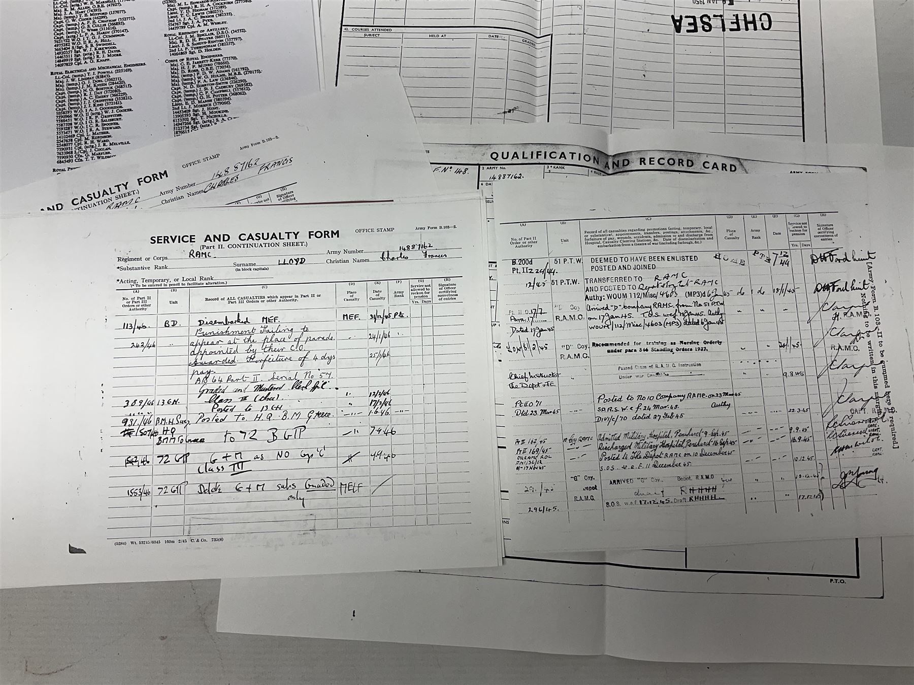 George VI General Service Medal with two clasps for Palestine 1945-48 and Cyprus and MID oak leaf awarded to 14887162 Sjt. C.F.A. Lloyd R.A.M.C. together with WW2 War Medal 1939-1945; both with ribbons; and quantity of photocopied research material including Army Records and London Gazette