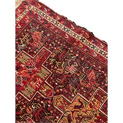 North African flat-woven rug, decorated with small stylised animal and bird motifs, five geometric star medallions