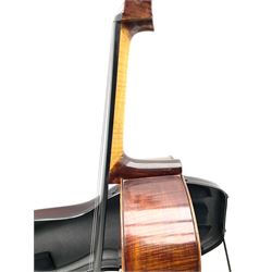 Alfred Stingl by Hofner cello, model AS-360 with 75.5cm two-piece maple back and ribs and spruce top, bears label with serial no.JO411-0706, L122cm; in carbon-fibre carrying case with bow