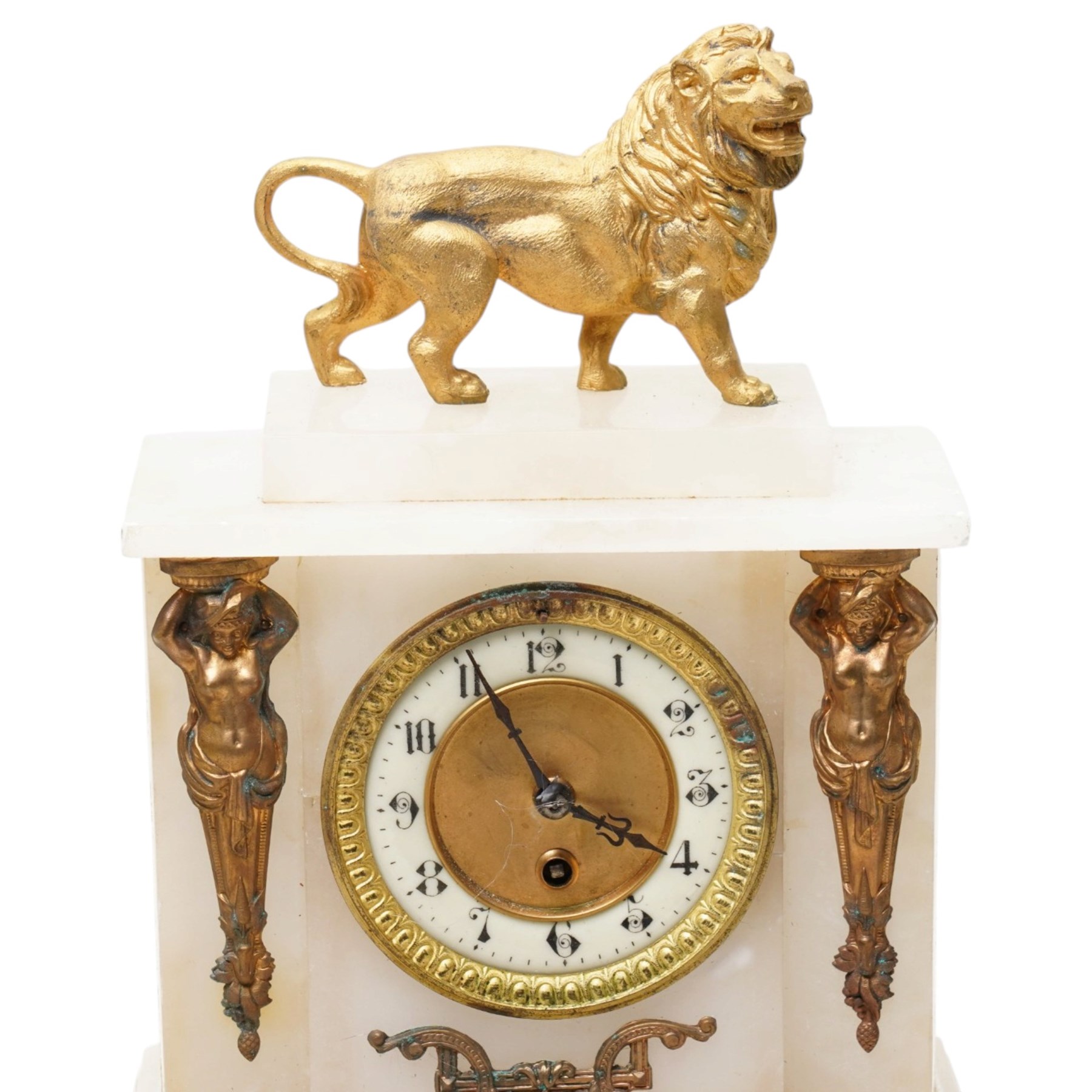 Late 19th century garniture comprising mantel clock in alabaster case and pair of mantel ornaments