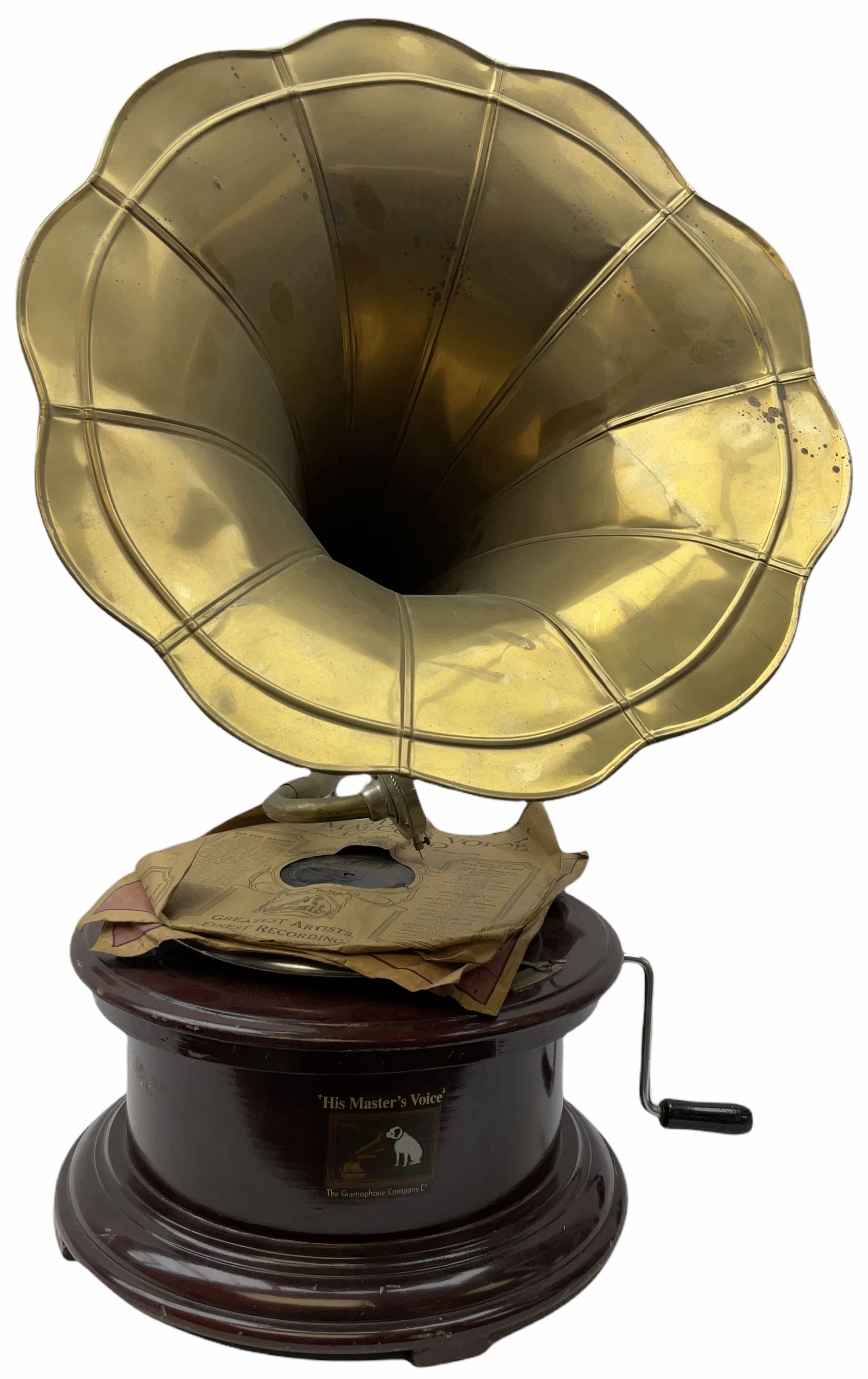 His Master's Voice table top wind up gramophone on a circular wooden base, with brass horn, H72cm, Horn D43cm. 