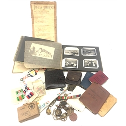  WW2 group of five medals comprising War medal, Defence medal, Africa Star with 1st Army clasp, Italy Star and 1939-45 Star awarded to George Fullard in named issue box with slip and ribbon bars, dog tags, quantity of KOYLI badges, buttons, trench art lighter and sweetheart brooch, pay book and address book, photograph album and other related paper ephemera etc  