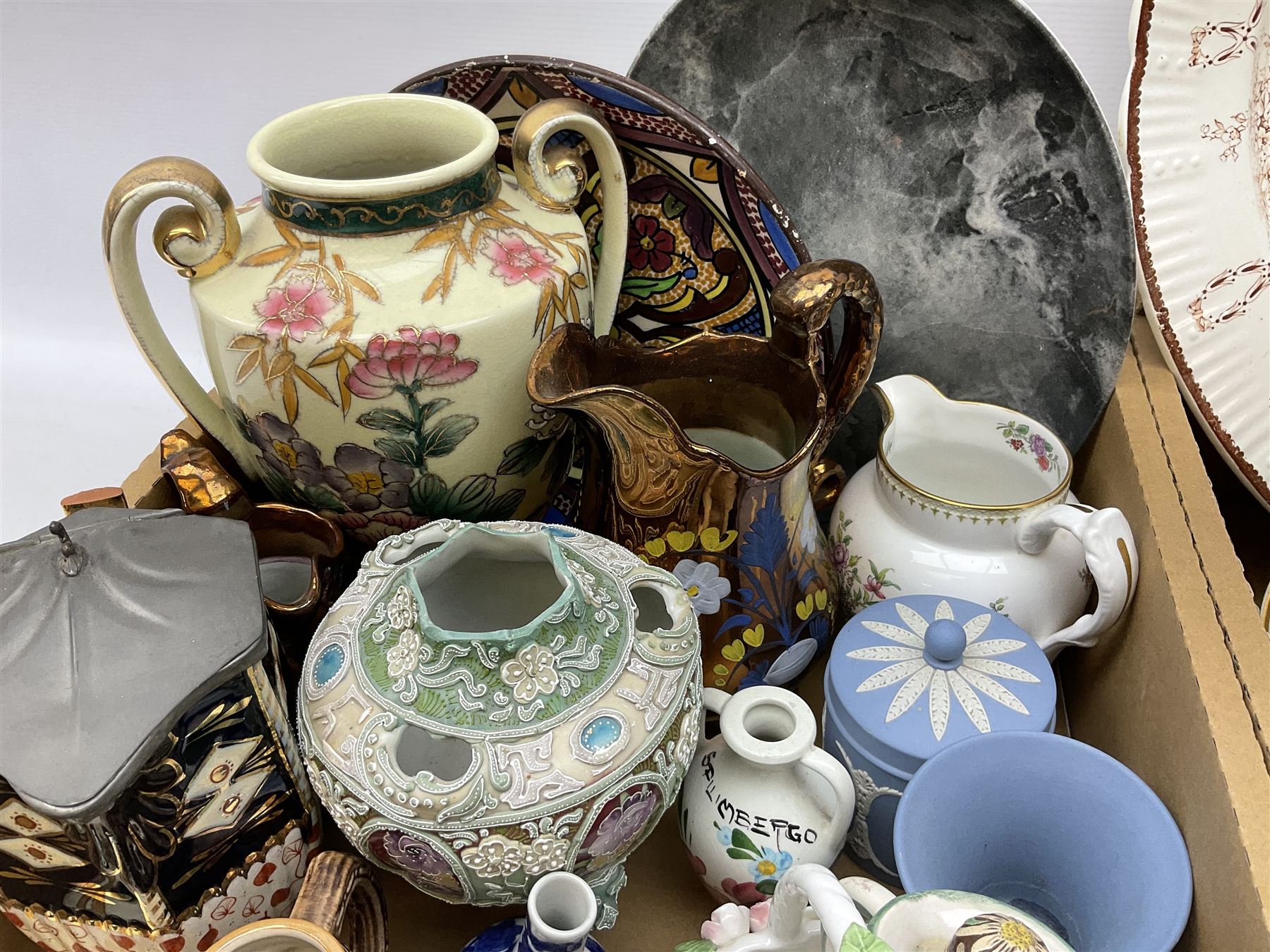 Wedgwood Jasperware lidded cylindrical jar and tulip vase, Spode Copeland's jug, two luster jugs, and other decorative ceramics and collectables, in two boxes 