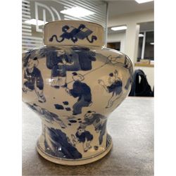 19th century Chinese blue and white jar, of pronounced baluster form, decorated in the Hundred Boys design, with numerous children at play, H23cm

The hundred boys design was a popular theme in Chinese Art employed from the Song period onwards. It expresses the desire to continue the family through male heirs and the performance of filial duties