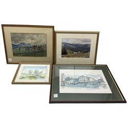 Alfred Strutt: Alpine Landscape, watercolour indistinctly signed, together with three further prints (4)