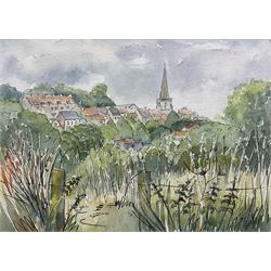 Penny Wicks (British 1949-): 'Helmsley Market' and 'Pickering from Beacon Hill', two watercolours and ink signed, titled on labels verso 25cm x 36cm and 27cm x 38cm (2)
