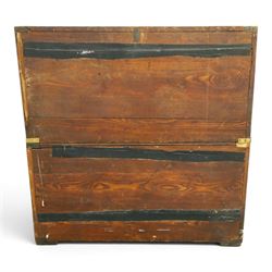 19th century brass bound mahogany campaign chest, with brass bound corners and edges, recessed brass handles, the upper section with two short over one long drawer, the lower section with two long drawers