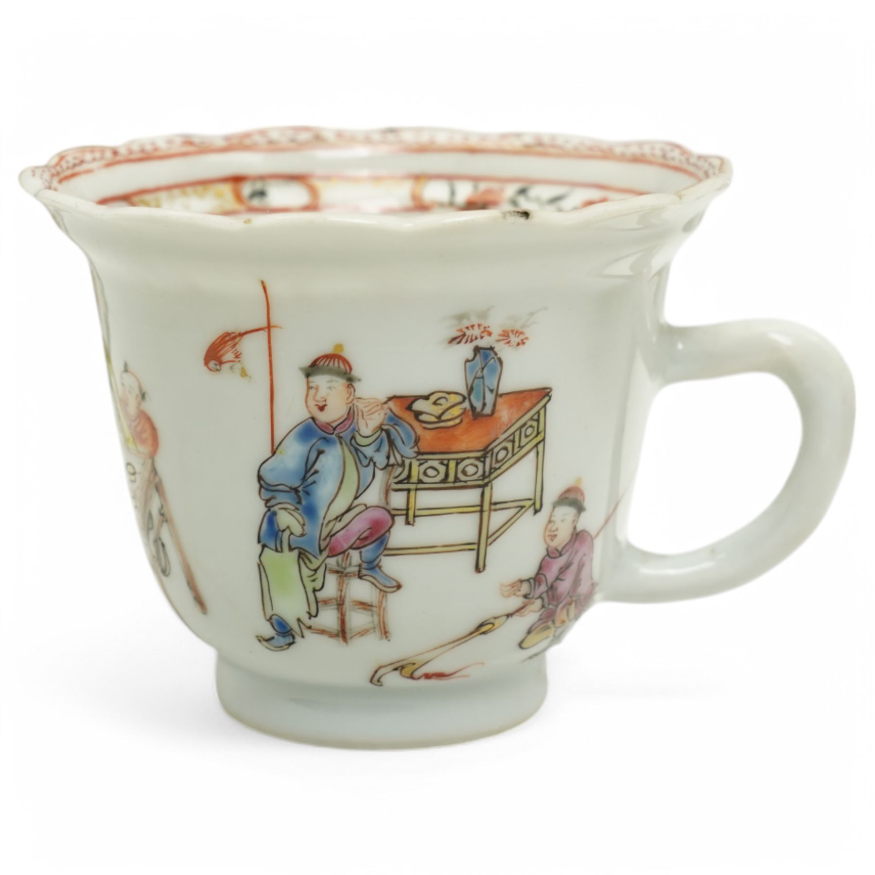 Set of Chinese 20th century tea wares, comprising three bowls of graduating sizes, teacup, spoon rest and small plate, decorated with scenes of figures around a table, each with scalloped rim, largest bowl D12cm