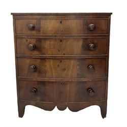 19th century mahogany bow front chest, fitted with four graduating drawers, shaped apron and splayed feet