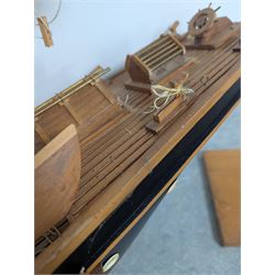 Large wooden model ship of a three-masted schooner, H117cm, W163cm, with stand