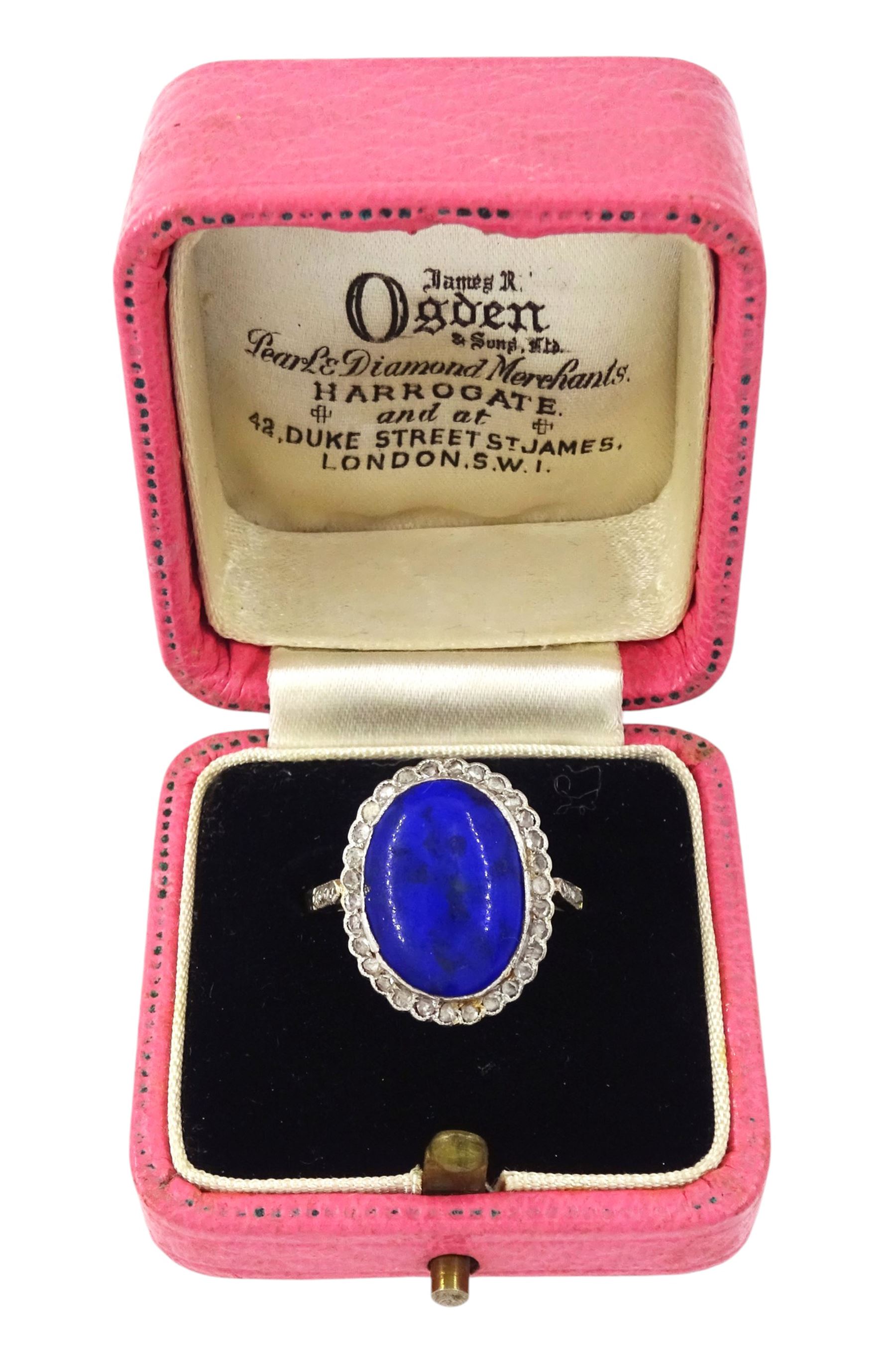Early - mid 20th century 18ct gold and platinum lapis lazuli and diamond cluster ring, oval cut lapis lazuli surrounded by milgrain set rose cut diamonds, with diamond set shoulders