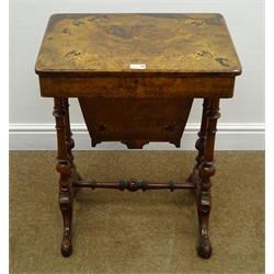  Victorian inlaid figured walnut sewing table, hinged lid enclosing fitted lined interior, turned supports and stretchers, outsplayed carved feet, W54cm, H68cm, D42cm  
