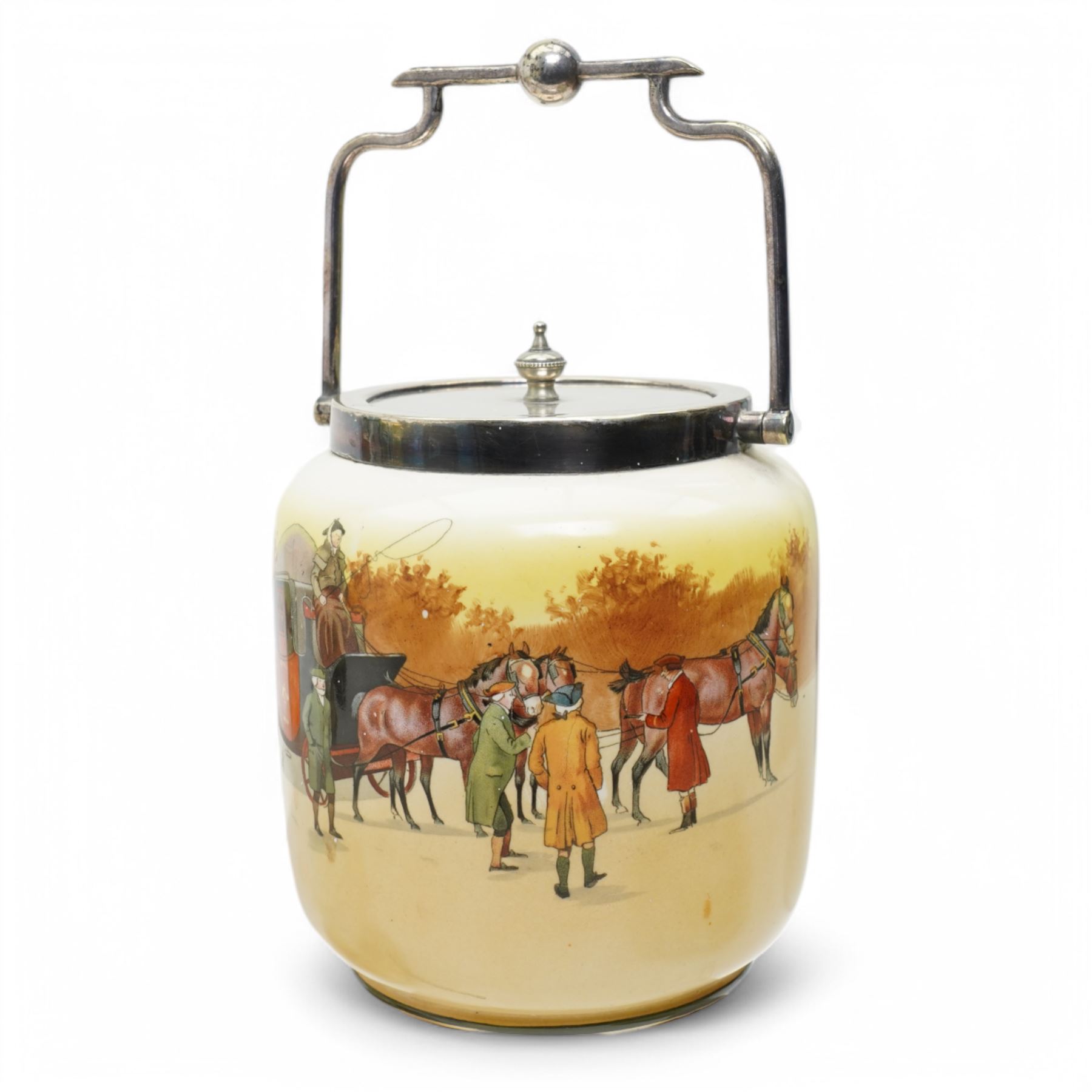 Royal Doulton series ware, comprising Dutch Ruysdael `Two Men Discussing A Letter' pitcher, H33.5cm, Bayeux Tapestry plate and jug, and various Coaching Days items including a biscuit barrel with silver plate cover 