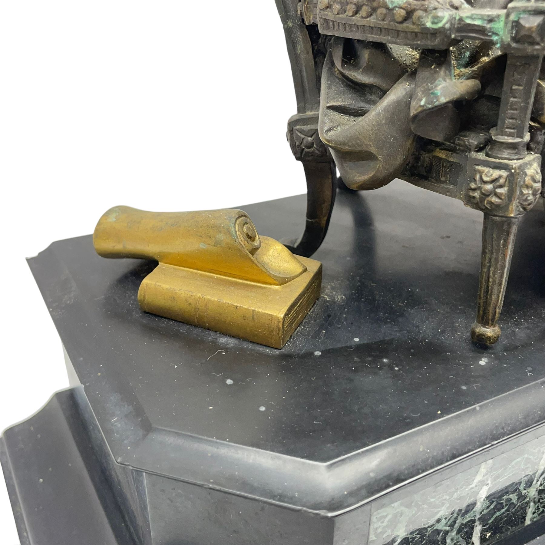 French - 19th century Belgium slate and marble 8-day mantle clock c1860, surmounted with a cast brass figure of the French poet  Ernest Legouve, holding a copy of his collection of poems 