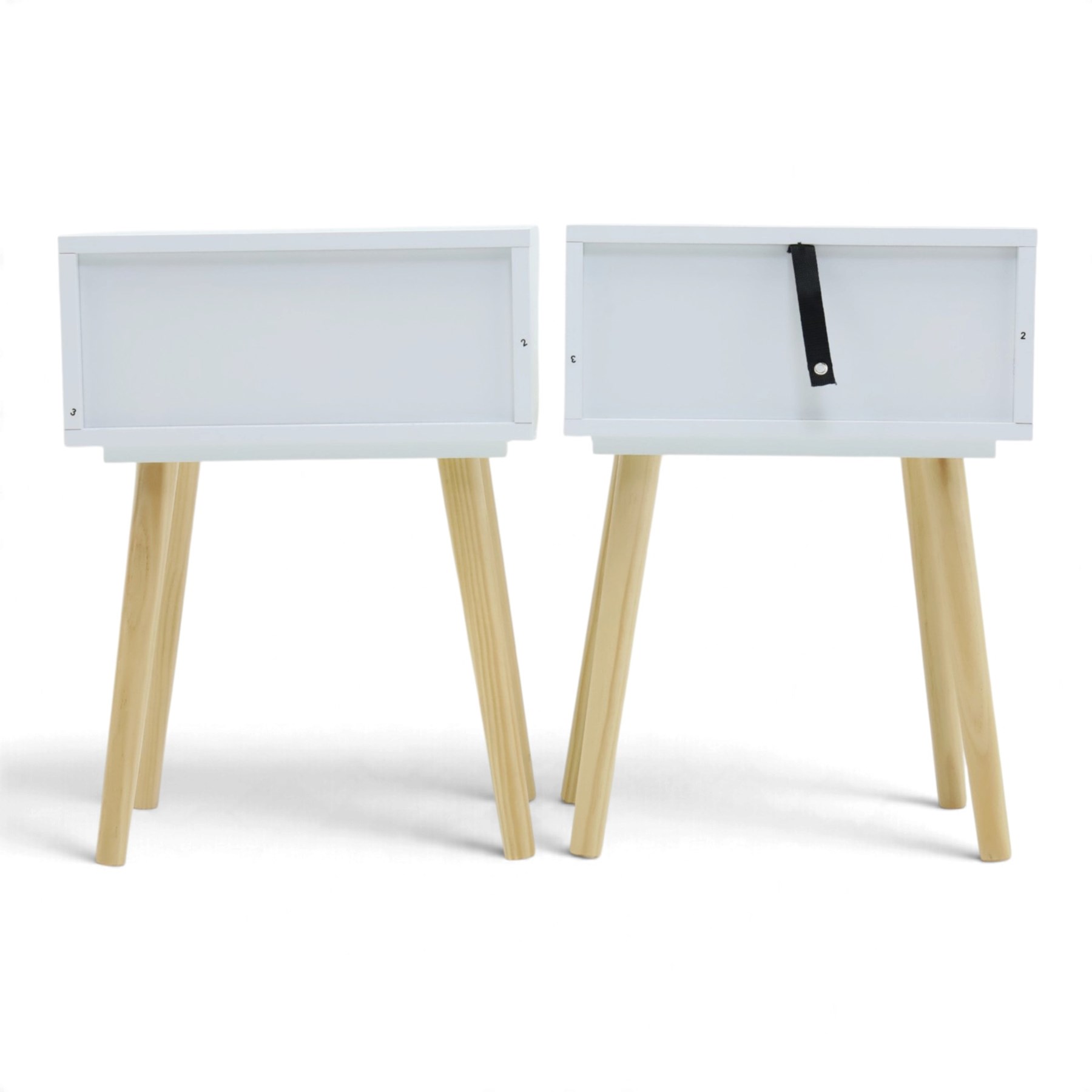 Contemporary pair of white single drawer bedsides, raised on tapering light wood supports