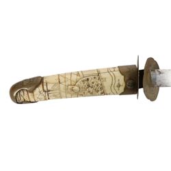 Japanese Bone Tanto, with 20cm single edged blade, with carved bone handle and scabbard, with figural decoration, overall L48cm