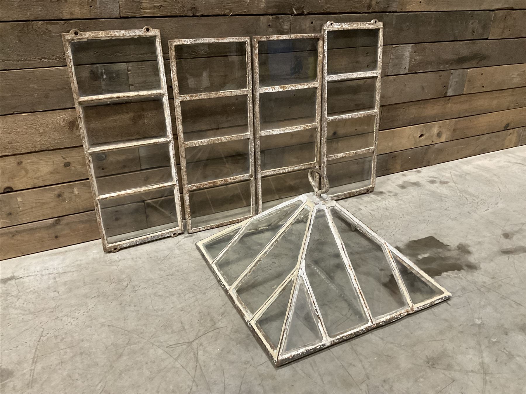 Victorian painted iron framed square garden cloche lantern, with associated sides (larger than the top piece), no fittings