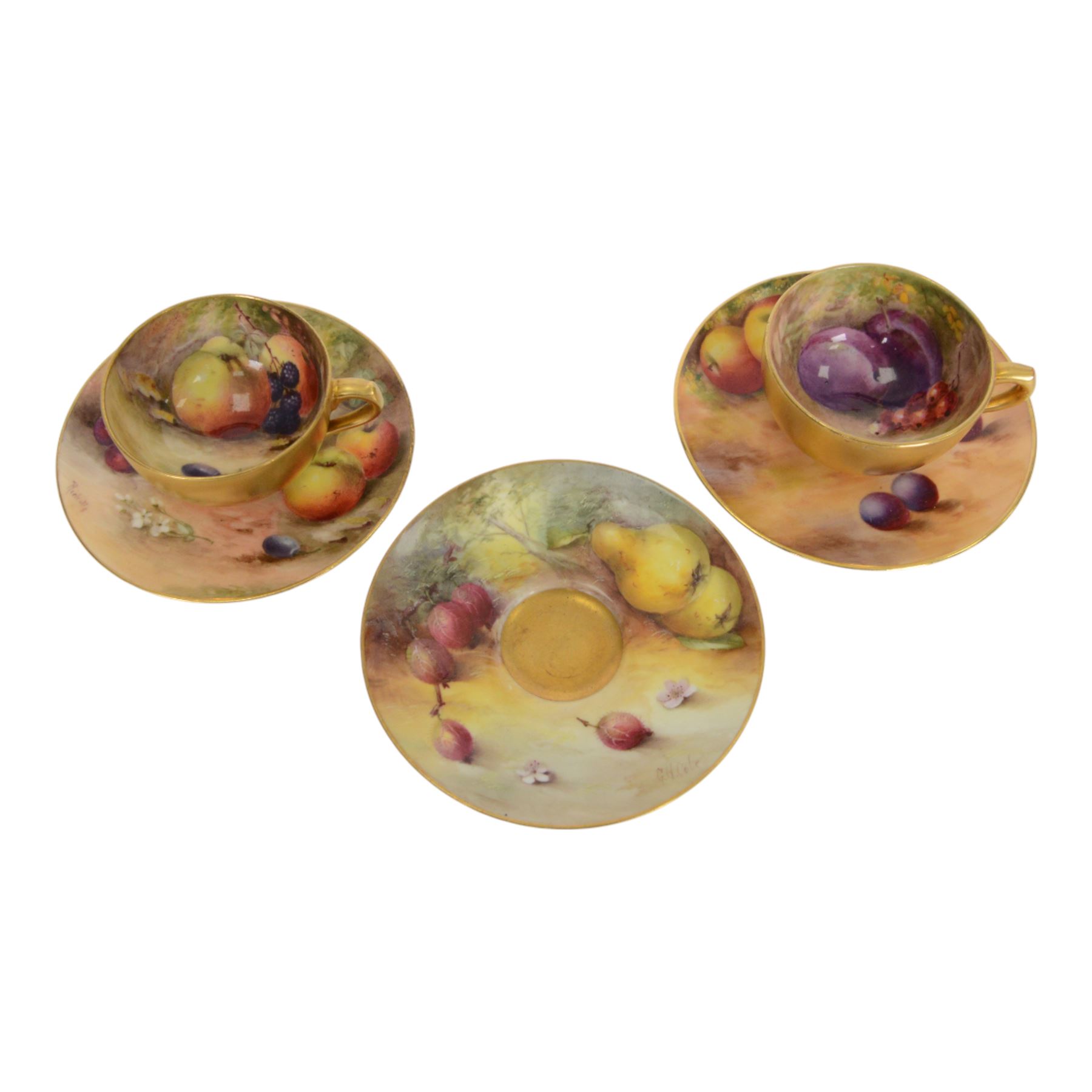 Two small 20th century Royal Worcester cabinet cups and saucers, together with another saucer, each painted with a still life of fruit upon a mossy ground, bearing various signatures: E Townsend, Ricketts, G H Cole, and H Ayrton, each with puce printed mark beneath, teacups approximately H3cm D5.5cm, coffee cup H4.5cm, saucers 9.5.cm