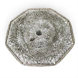 Two French early 20th century painted wicker octagonal garden tables, circular pedestals with parasol opening; with matching side table (3)