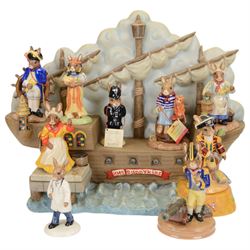 Royal Doulton Bunnykins,  six figures Shipmates Collection together with HMS Bunnykins display stand, together with three other figures 