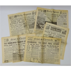  Assorted Second World War Newspapers Daily Express 'Tens of Thousands Safely Home Already' May 31, 1940, 'Decisive Battle Rages in Crete' May 31 1941, Daily Sketch 'Nazi Raid London and 13 Towns' 1940, News Chronicle 'Bismarck: The First Full Story' 1941 and 'The Whirlwind Triumph of Benghazi' 1941 (5)  