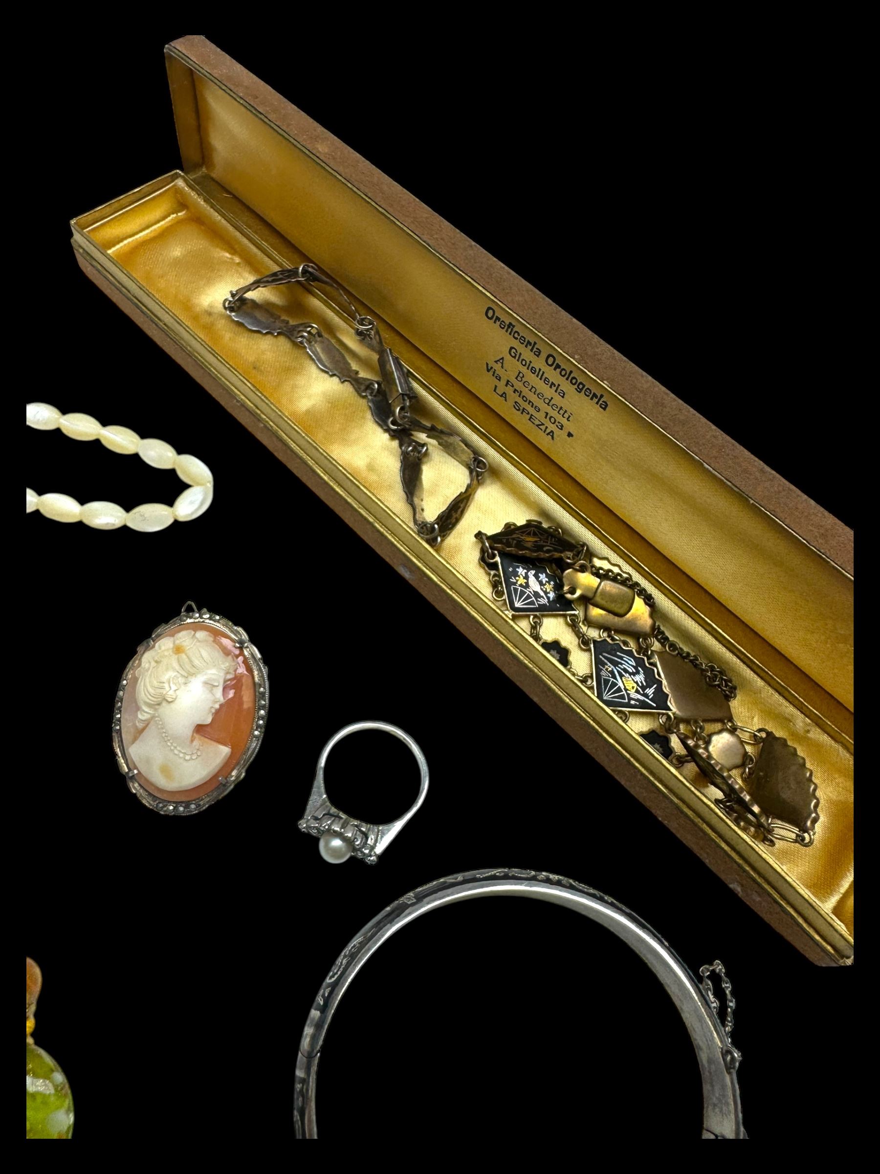 Silver stone set jewellery, including Siam silver brooch and bracelets and continental silver cameo jewellery, together with a collection of costume jewellery, including pair of stud earrings stamped for Christian Dior