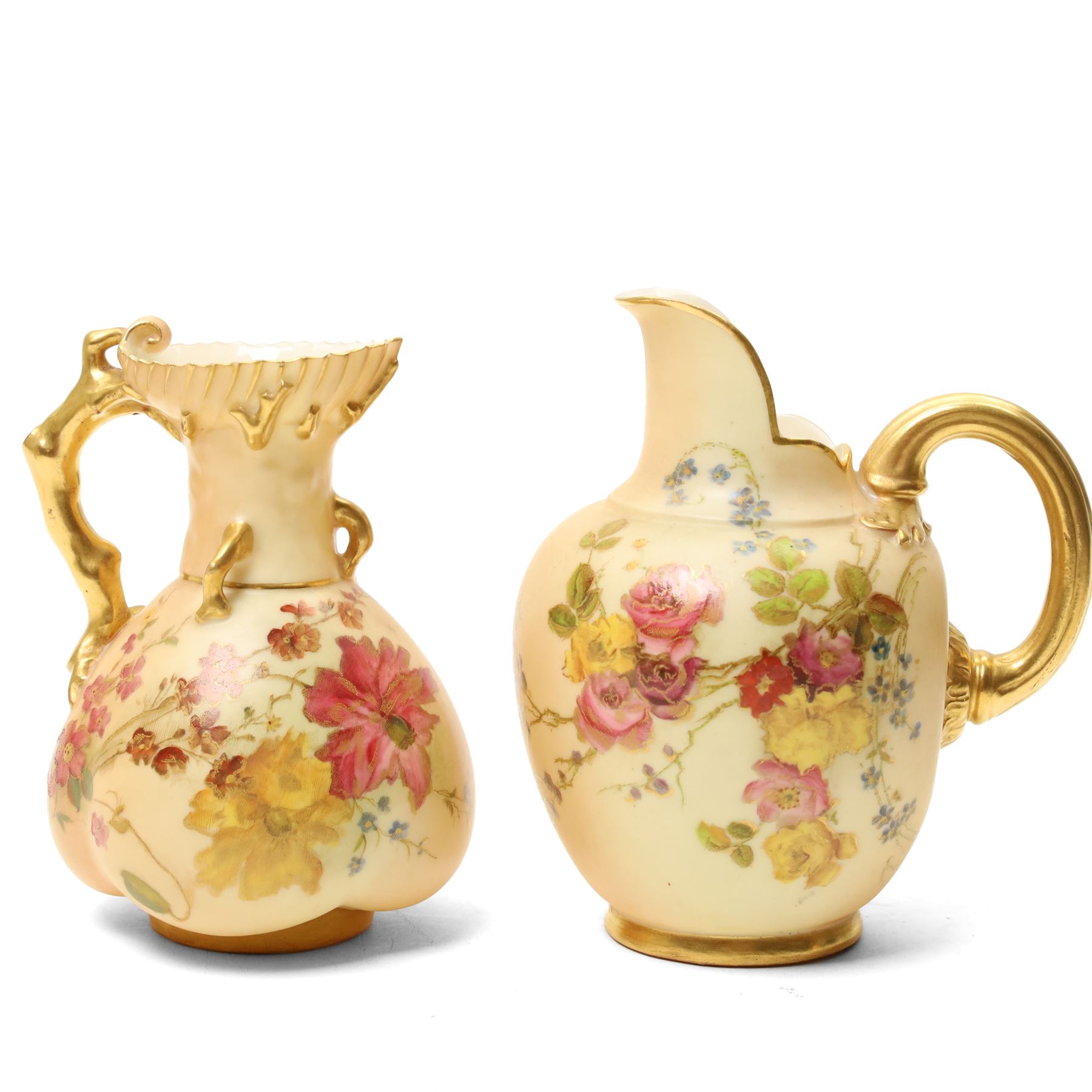 Royal Worcester two handled baluster vase painted with roses H19cm date code 1898, Worcester blush ivory pot pourri decorated with flowers, two blush ivory jugs, a similar vase H15cm and a miniature loving cup