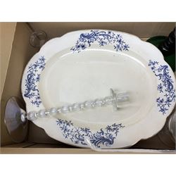 Asiatic pheasant oval meat charger, together with two other meat platters, glass oil lamp, plates, bed warmer, etc 