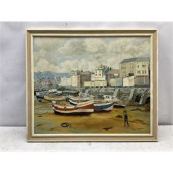 Lottie Hodgson (British 20th century): ‘Boats at Low Tide’, oil on board signed, titled verso 49cm x 59cm