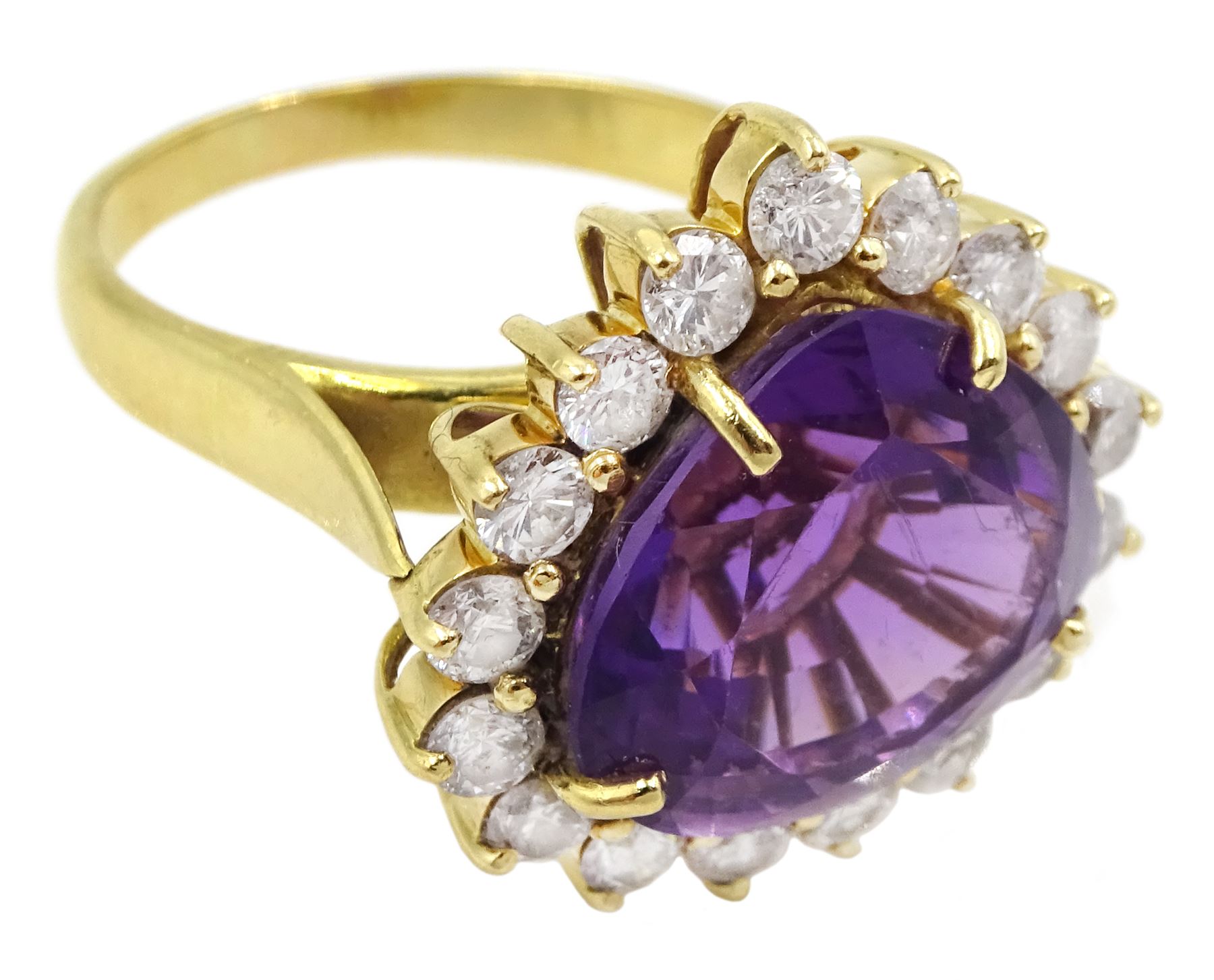 18ct gold amethyst and round brilliant cut diamond cluster ring, amethyst approx 8.00 carat, total diamond weight approx 1.30 carat