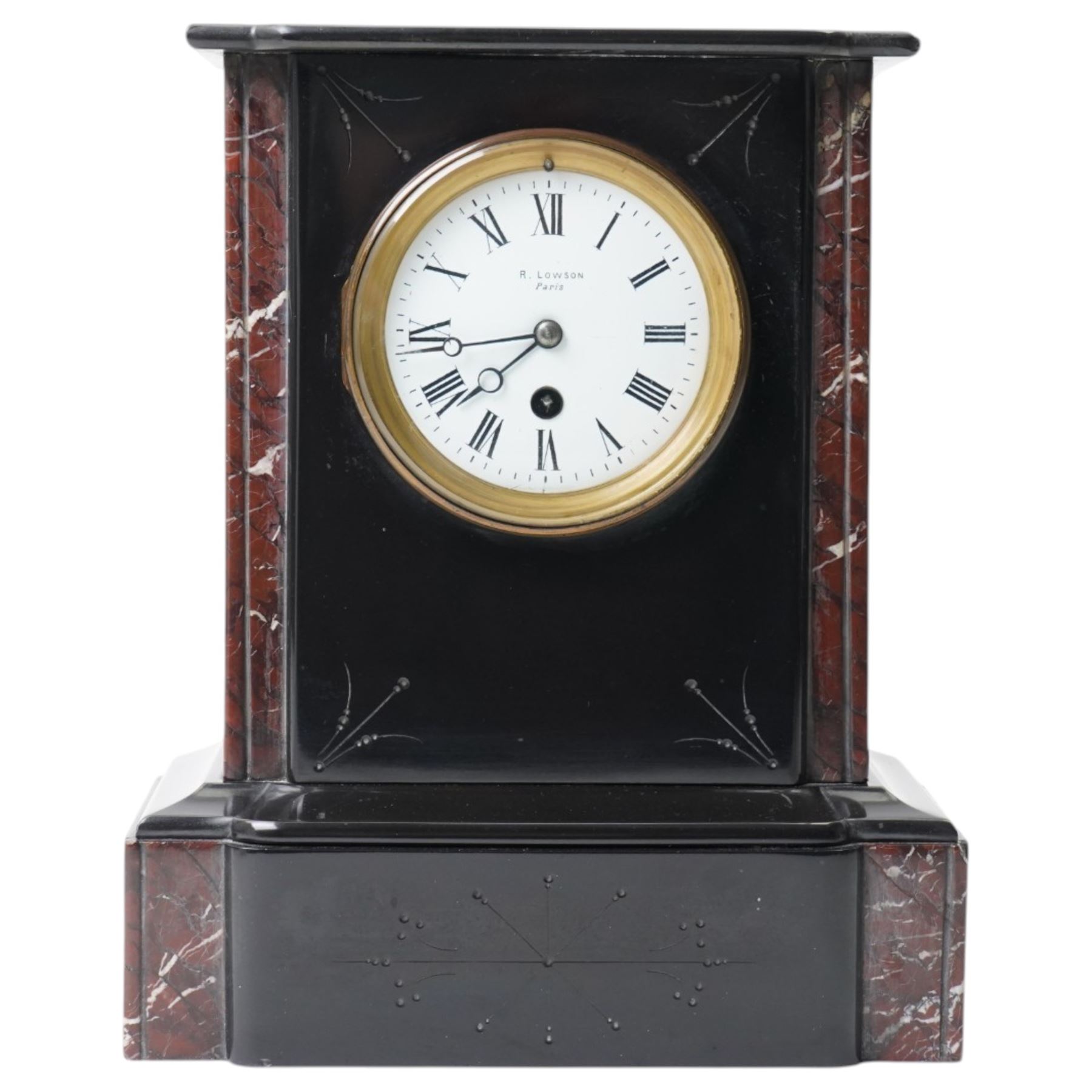 Victorian mantel clock, the white dial inscribed R Lowson, Paris, in black slate case H31cm