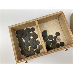 Three drawer collectors cabinet with fall front containing various Great British and World coins including GB pre-decimal coins, King George III 1806 penny, cartwheel pennies etc