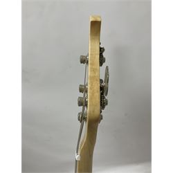 Ernie Ball Music Man Sting Ray 4 string bass guitar, in natural finish with roasted maple neck and tortoiseshell effect scratch guard, serial no 87485, in black Music Man hard case, guitar L114cm