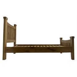 Contemporary solid light oak single bedstead, slatted headboard and footboard, raised on square supports