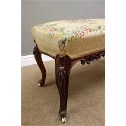  Victorian walnut duet piano stool, upholstered needlework sprung seat, with scroll carvings, cabriole legs, W112cm  