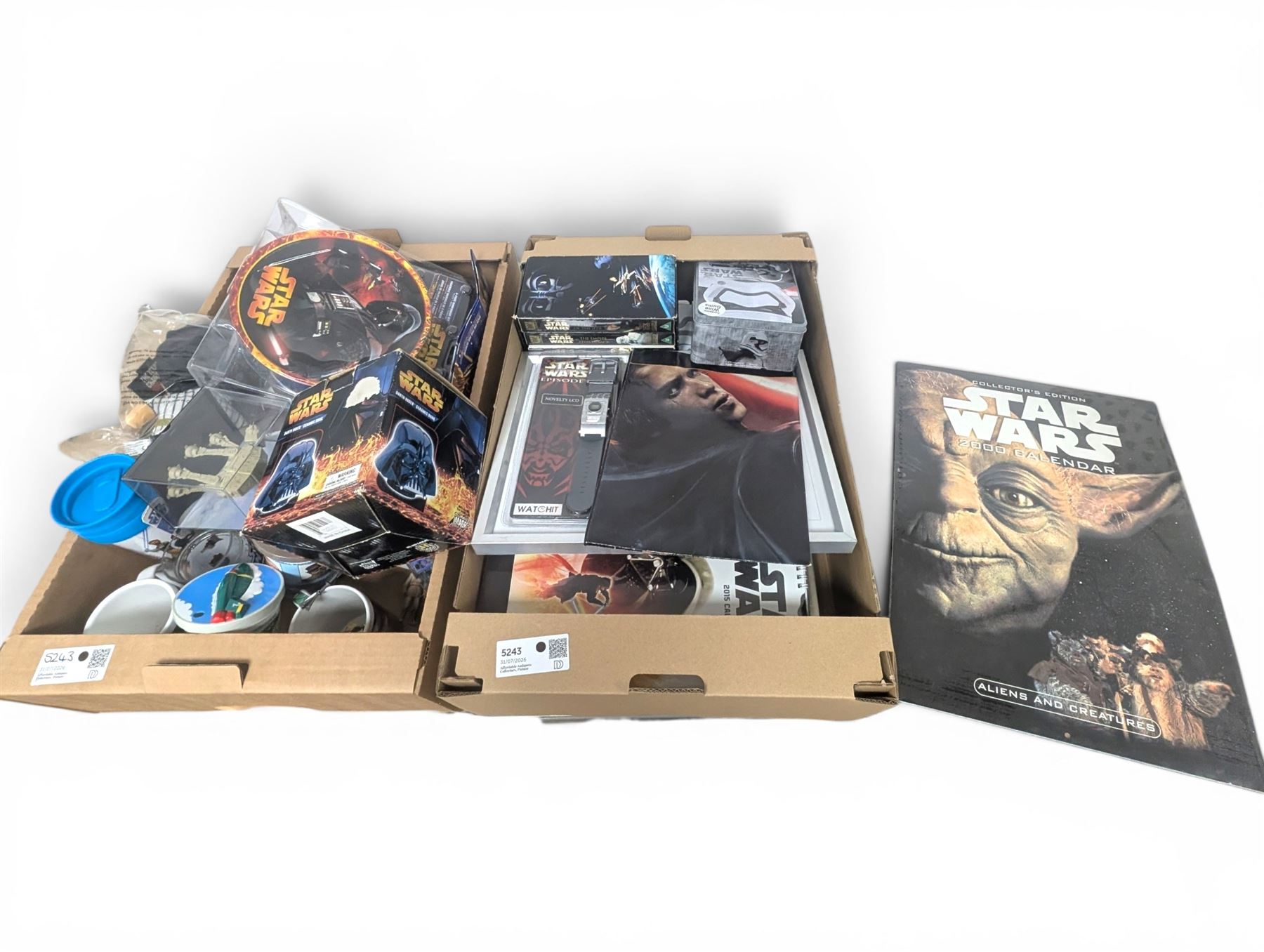 Star Wars collectables, including calendars, plate, plastic cups, Darth Vader money bank, VHS tapes, Masterworks lithograph collection, etc together with some Thunderbirds cups, Texas Chainsaw Massacre plush, etc