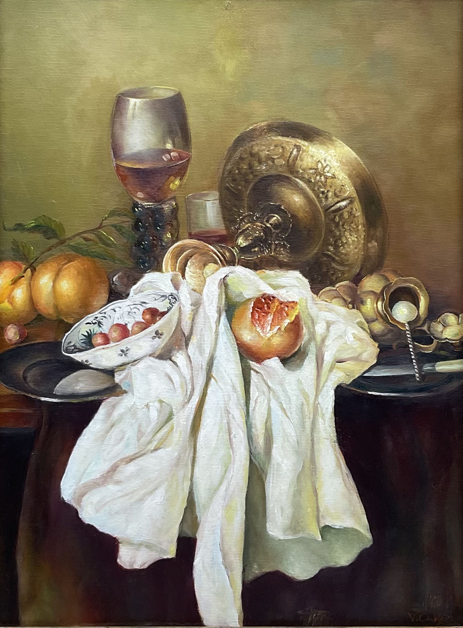 Continental School (20th century): Still Life with Fallen Candlestick, oil on canvas indistinctly signed 39cm x 29cm