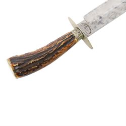 Unwin & Rodgers horn handle Bowie knife with leather scabbard, L33cm  