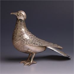 Mid 20th century Iranian silver model of bird, with engraved feathers, stamped with lion with scimitar to underside of tail, H11cm