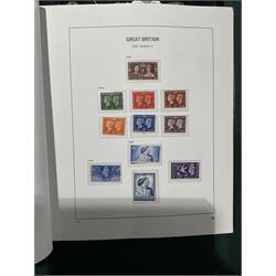 Extensive single album collection of Great British Queen Victoria and later stamps, including QV penny black with three margins, 1840 two pence blue, perf two pence blues with white lines added, QV one pound brown lilac, QV one pound green, King George V seahorses, 1929 Postal Union Congress one pound black, King George VI 1939-48 set of six with ten shillings dark blue, Queen Elizabeth II pre-decimal issues, housed in a Stanley Gibbons Great Britain 2001 album, a well presented collection with few ommissions