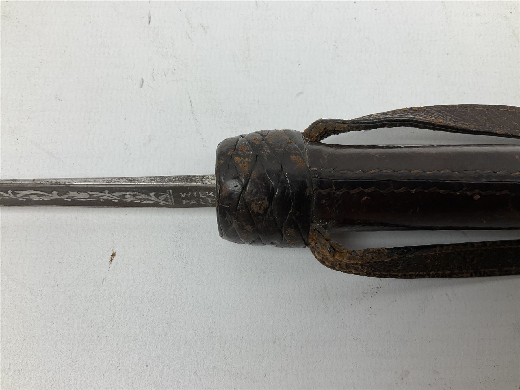 Early 20th century officer's swagger type leather covered sword stick, the 33cm etched single fullered blade marked Wilkinson Pall Mall, with carrying strap L60.5cm