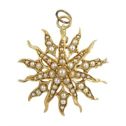 Gold split pearl pendant sunburst brooch, stamped 14K